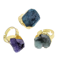 Anel de dedo druzy, Ágata quartzo de gelo, with cobre, cromado de cor dourada, estilo druzy & ajustável & misto, 15x16x8mm-19x25x10mm, tamanho:7.5, 10PCs/Bag, vendido por Bag