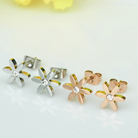 Titanium Stål Stud Earring, Flower, forgyldt, med rhinestone, flere farver til valg, 8x8mm, 10par/Lot, Solgt af Lot