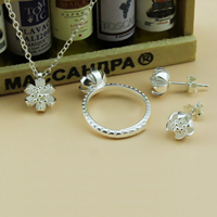 925 Sterling Silver Jewelry Set, anello dito & orecchino & Collana, 925 argento sterlina, with 1Inch extender chain, Fiore, placcato, catena ovale, nessuno, 8.5x11mm,7.5mm,7.8mm, Misura:9, Lunghezza Appross. 16 pollice, 2Setsinsieme/lotto, Venduto da lotto