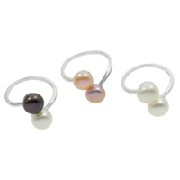 Freshwater Pearl fingerring, Ferskvandsperle, med Messing, Button, sølvfarvet forgyldt, naturlige, flere farver til valg, 8-8.5mm, 19x26x16mm, Størrelse:6.5, 3pc'er/Bag, Solgt af Bag