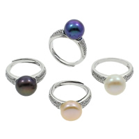 Freshwater Pearl fingerring, Ferskvandsperle, med Messing, Button, sølvfarvet forgyldt, med 925 logo & justerbar & Micro Pave cubic zirconia, flere farver til valg, 11-11.5mm, 21x29x5mm, Størrelse:6.5, Solgt af PC