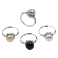 Sötvatten Pearl Finger Ring, Freshwater Pearl, med Mässing, Knapp, silver pläterad, naturliga & justerbar & micro bana cubic zirconia, fler färger för val, 8-9mm, 20x27x10mm, Storlek:6.5, Säljs av PC