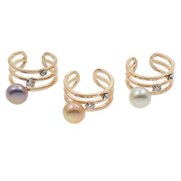 Freshwater Pearl fingerring, Ferskvandsperle, med Messing, Button, rosa guld farve forgyldt, åbent & med cubic zirconia & med rhinestone, flere farver til valg, 8-9mm, 22x27x15mm, Størrelse:8, Solgt af PC