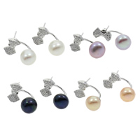 Freshwater Pearl øreringe, Ferskvandsperle, med Messing, Bowknot, sølvfarvet forgyldt, Micro Pave cubic zirconia, flere farver til valg, 9-9.5mm, Solgt af par