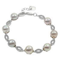 Freshwater Kulturperler Pearl Bracelet, Ferskvandsperle, med Messing, med 2.5cm extender kæde, Button, platin farve forgyldt, Micro Pave cubic zirconia, lilla, 8-9mm, Solgt Per Ca. 6 inch Strand