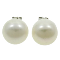 Freshwater Pearl Stud Earring, mässing örhänge inlägg, Dome, naturlig, vit, 13-14mm, Säljs av Par