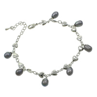 Sötvatten odlade Pearl Bracelet, Freshwater Pearl, med Mässing, med 4cm extender kedja, Ris, platina pläterad, charm armband, svart, 6-7mm, Längd Ca 6.5 inch, 5Strands/Bag, Säljs av Bag