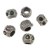 Zinc Alloy European perler, Owl, antik sølv farve forgyldt, uden trold & med rhinestone, flere farver til valg, nikkel, bly & cadmium fri, 10x7.50mm, Hole:Ca. 5mm, 300pc'er/Lot, Solgt af Lot