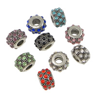 Grânulos de European de liga de zinco, Tambor, banho de cor prata antiga, sem troll & com strass, cores misturadas, níquel, chumbo e cádmio livre, 8x13mm, Buraco:Aprox 5mm, 100PCs/Lot, vendido por Lot