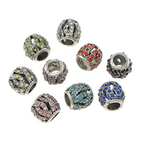 Zinc Alloy European perler, Drum, antik sølv farve forgyldt, uden trold & med rhinestone & hule, flere farver til valg, nikkel, bly & cadmium fri, 10mm, Hole:Ca. 5mm, 100pc'er/Lot, Solgt af Lot