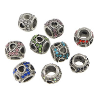 Zinc Alloy European perler, Drum, antik sølv farve forgyldt, med hjerte mønster & uden trold & med rhinestone & hule, flere farver til valg, nikkel, bly & cadmium fri, 10x8.50mm, Hole:Ca. 5mm, 100pc'er/Lot, Solgt af Lot