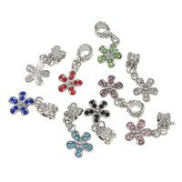 Pendentifs de style European en alliage de zinc , fleur, Placage de couleur platine, sans filetage & avec strass, plus de couleurs à choisir, protéger l'environnement, sans nickel, plomb et cadmium, 12x16x2mm, 6x11x7mm, Trou:Environ 5mm, 300PC/lot, Vendu par lot