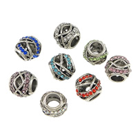 Zinklegering European Beads, Zinc Alloy, Drum, antiek zilver plated, zonder troll & met strass & hol, meer kleuren voor de keuze, nikkel, lood en cadmium vrij, 11x9.50mm, Gat:Ca 5mm, 150pC's/Lot, Verkocht door Lot