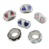 Abalorios Estilo Europeo de Aleación de Zinc, Donut, chapado en color de platina, con patrón de corazón & sin rosca & esmalte, más colores para la opción, libre de níquel, plomo & cadmio, 6x10mm, agujero:aproximado 5mm, 200PCs/Grupo, Vendido por Grupo