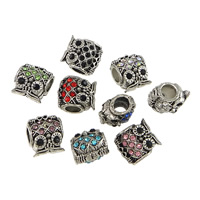 Perles European en alliage de zinc, hibou, Plaqué de couleur d'argent, sans filetage & avec strass, couleurs mélangées, protéger l'environnement, sans nickel, plomb et cadmium, 10.50x12x8mm, Trou:Environ 4.5mm, 100PC/lot, Vendu par lot