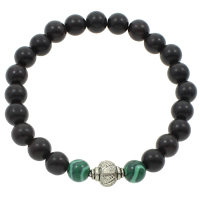 Handgelenk Mala, Schwarz Sandelholz, mit Malachit & Verkupferter Kunststoff, rund, buddhistischer Schmuck, schwarz, 9x12mm, 9mm, Länge ca. 7.5 ZollInch, 20SträngeStrang/Tasche, 23PCs/Strang, verkauft von Tasche