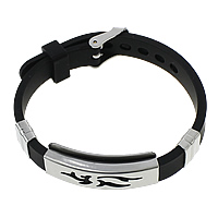 Pulseira masculina, aço inoxidável, with silicone, ajustável, preto, 38x15x6.5mm, 9x11x5mm, 10mm, vendido para Aprox 9 inchaltura Strand