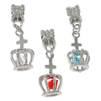 European stile Zinc Alloy pendenti, lega in zinco, with strass, Corona, placcato color platino, senza filo & cavo, nessuno, assenza di nichel,piombo&cadmio, 10x18.5mm, 6x11x7mm, Foro:Appross. 5mm, 5mm, 100PC/lotto, Venduto da lotto