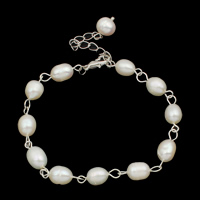 Pérolas de água doce pulseira, Liga de zinco fecho da lagosta, with 3cm extender chain, naturais, branco, 7-8mm, vendido para Aprox 7.5 inchaltura Strand