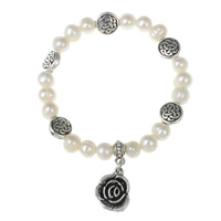 Zoetwater Parel Armband, met Zinc Alloy, Bloem, antiek zilver plated, 8-9mm, 13x27x2.5mm, Per verkocht Ca 7.5 inch Strand