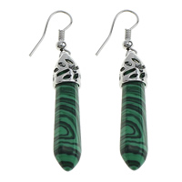 Malachite Boucle d'oreille goutte, avec laiton, pendule, Placage de couleur platine, naturel, protéger l'environnement, sans nickel, plomb et cadmium, 7.5x35.5x7mm, 52.5mm, 10pairescouple/lot, Vendu par lot