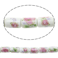 Contas de porcelana de impressão, Coluna, com padrão de flores, 12x8mm, Buraco:Aprox 2.5mm, comprimento Aprox 14 inchaltura, 5vertentespraia/Lot, Aprox 28PCs/Strand, vendido por Lot