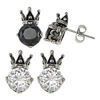 Stainless Steel Stud Øreringe, Crown, med cubic zirconia & sværte, flere farver til valg, 8x13x6mm, 6par/Lot, Solgt af Lot