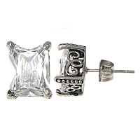 Cubic Zircon ( CZ ) Stud Earring, ROSTFRITT STÅL, Rektangel, med cubic zirconia & svärta, 8x10x6mm, 6Pairs/Lot, Säljs av Lot