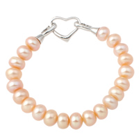 Freshwater Kulturperler Pearl Bracelet, Ferskvandsperle, messing foldover lås, Rondelle, naturlig, lyserød, 9-10mm, Solgt Per Ca. 6.5 inch Strand