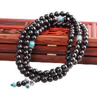 108 perles de Mala, black Sandalwood, avec fil élastique & turquoise synthétique & alliage de zinc, Plaqué de couleur d'argent, bijoux bouddhiste & normes différentes pour le choix & 4 brins, 10Strandstoron/lot, 108PC/brin, Vendu par lot