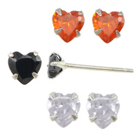 Cubic Zircon ( CZ ) Stud Earring, 925 Sterling Silver, Hjärta, utan earnut & med cubic zirconia, fler färger för val, 4x4x13mm, 0.6mm, 10Pairs/Lot, Säljs av Lot