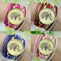 Reloj Wrap, Cuero de vaca, con Vidrio & diamantes de imitación & aleación de zinc, chapado en color dorado, ajustable & para mujer & 2-sarta, más colores para la opción, libre de níquel, plomo & cadmio, 36.50x6.50mm, longitud aproximado 15 Inch, 10Strandsfilamento/Grupo, Vendido por Grupo