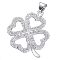 Mässing Klöver Hänge, Four Leaf Clover, platinerade, micro bana cubic zirconia, nickel, bly och kadmium gratis, 21x25mm, Hål:Ca 3.4mm, 5PC/Lot, Säljs av Lot