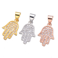 Messing hanger met micro-paved kubieke zirconia's, Hamsa, plated, Islam sieraden & micro pave zirconia, meer kleuren voor de keuze, nikkel, lood en cadmium vrij, 11x17mm, Gat:Ca 3mm, 5pC's/Lot, Verkocht door Lot