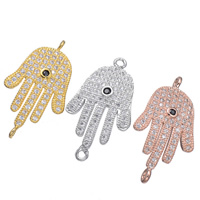 Kuutio Zirkonia Mikro Paven Messinki Connector, HAMSA, päällystetty, Islam korut & Micro Pave kuutiometriä zirkonia & 1/1 silmukka, enemmän värejä valinta, 28x15mm, Reikä:N. 1.6mm, 5PC/erä, Myymät erä