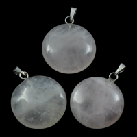 Rose Quartz Pendel, med messing kaution, Flad Rund, naturlig, 20x24x5mm, Hole:Ca. 2x5mm, 10pc'er/Bag, Solgt af Bag