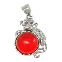 Terningformet Zirkon Micro Pave Messing vedhæng, med Red Agate, Monkey, platineret, Micro Pave cubic zirconia, nikkel, bly & cadmium fri, 16x20x6mm, Hole:Ca. 3x4mm, 10pc'er/Lot, Solgt af Lot