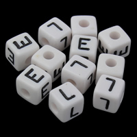 Alphabet Acryl Kralen, Kubus, verschillende ontwerpen voor de keuze & met brief patroon & effen kleur, wit, 10x10mm, Gat:Ca 3mm, Ca 625pC's/Bag, Verkocht door Bag