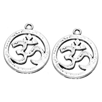 Alliage de zinc plate ronde pendentifs, Plat rond, Plaqué de couleur d'argent, avec le symbole om, protéger l'environnement, sans nickel, plomb et cadmium, 25x29mm, Trou:Environ 2mm, 200PC/lot, Vendu par lot