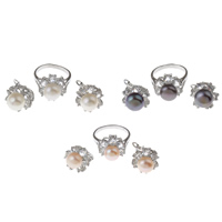 Natural Gekweekte Zoetwater Parel Sieraden Sets, vinger ring & oorbel, Messing, met parel, Rond plat, platinum plated, met zirkonia, meer kleuren voor de keuze, nikkel, lood en cadmium vrij, 9-10mm, Maat:9, Verkocht door Stel