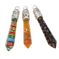 Millefiori Glas Anhänger Schmuck, Glas Millefiori, mit Zinklegierung Stiftöse, Pendel, Platinfarbe platiniert, keine, 10x64mm-12x68mm, Bohrung:ca. 4x5mm, 20PCs/Tasche, verkauft von Tasche