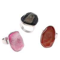 Ice Quartz Agate with Brass platinum color plated natural & druzy style & adjustable & mixed - US Ring Sold By Bag