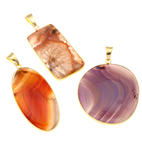 agate mixte Pendentif, avec laiton, Placage de couleur d'or, naturel & mélangé, 22x34x5mm-26x50x4mm, Trou:Environ 6x9mm, 20PC/sac, Vendu par sac