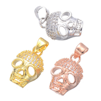 Terningformet Zirkon Micro Pave Messing vedhæng, Skull, forgyldt, Micro Pave cubic zirconia, flere farver til valg, nikkel, bly & cadmium fri, 10x20mm, Hole:Ca. 3.7mm, 5pc'er/Lot, Solgt af Lot