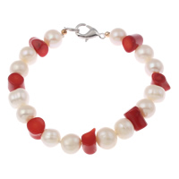 Sötvatten odlade Pearl Bracelet, Freshwater Pearl, med Naturlig korall, mässing lås, Potatis, naturlig, olika stilar för val, vit, 9-10mm, Såld Per Ca 7 inch Strand