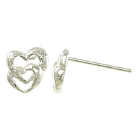 925 Sterling Silver Stud σκουλαρίκι, Καρδιά, χωρίς earnut, 6x7x1.5mm, 0.8mm, 5Ζεύγη/Παρτίδα, Sold Με Παρτίδα