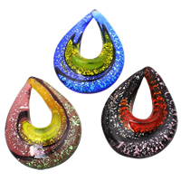 Ασημένιο Foil Lampwork Μενταγιόν, Γυάλινα, Teardrop, χειροποίητο, αλουμινόχαρτο, μικτά χρώματα, 40x53x13mm, Τρύπα:Περίπου 13x27mm, 12PCs/Box, Sold Με Box