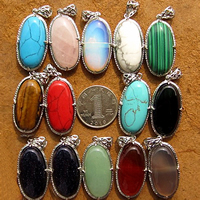 Gemstone Přívěsky Šperky, Drahokam, s Zinek, Flat Oval, platinové barvy á, přírodní & různé materiály pro výběr, nikl, olovo a kadmium zdarma, 44x19mm, Otvor:Cca 2mm, 10PC/Lot, Prodáno By Lot