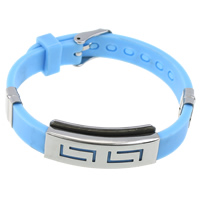 Braccialetti in silicone, acciaio inox, with silicone, regolabile, blu chiaro, 10mm, 38x16x6mm, Lunghezza Appross. 9 pollice, 12Strandstrefolo/lotto, Venduto da lotto