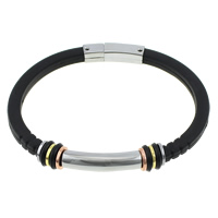 Los hombres de la pulsera y del brazalete, acero inoxidable, con silicona, chapado, Negro, 5mm, 29x7x7mm, longitud aproximado 9 Inch, 12Strandsfilamento/Grupo, Vendido por Grupo